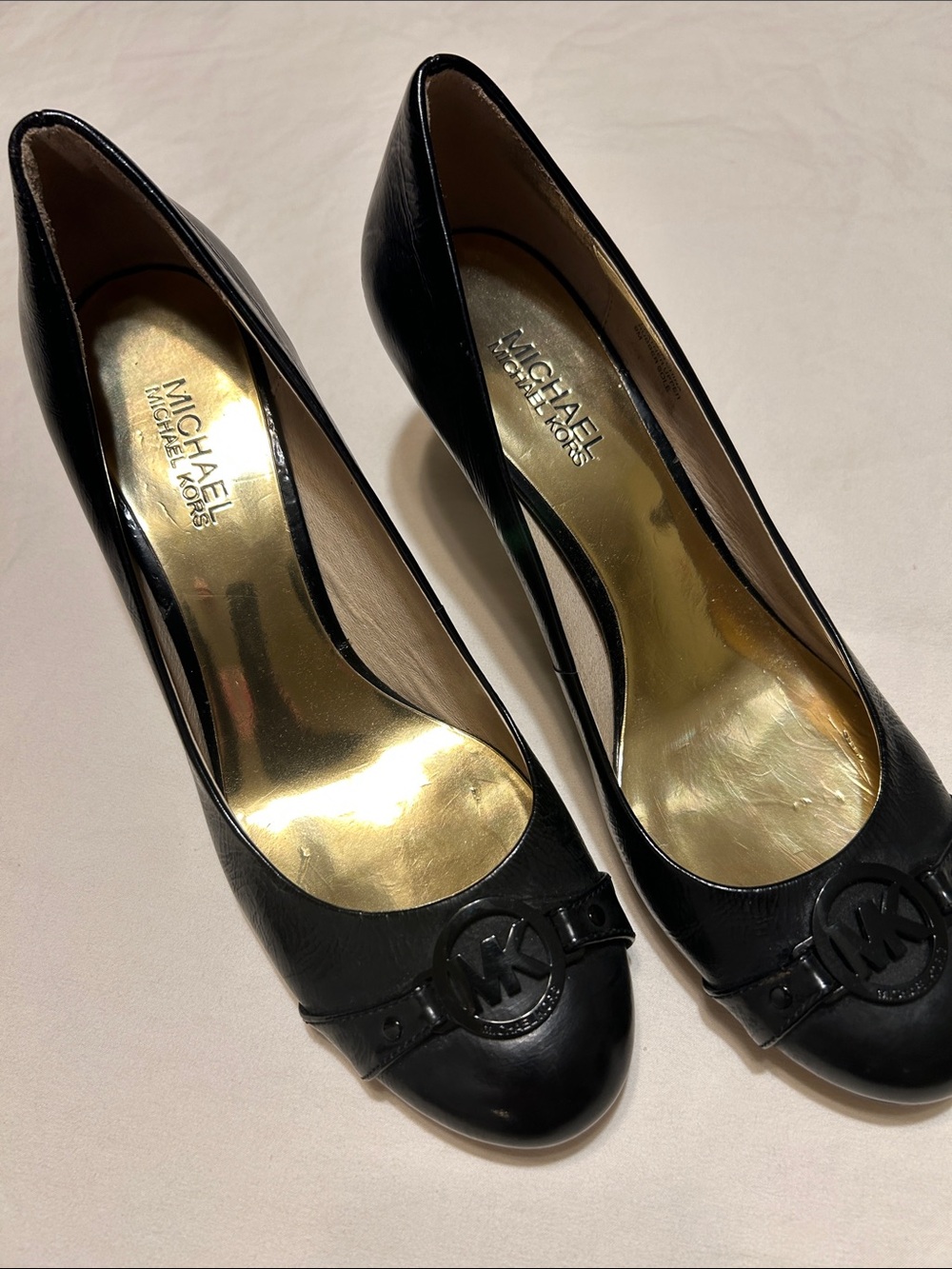 Michael Kors Black Leather Logo Round-Toe Heels